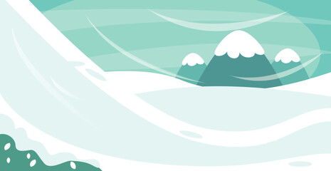 Minimal winter landscape illustration with snowy hills, mountains, and soft swirling wind shapes in pastel green tones. Clean, modern backdrop perfect for seasonal designs, banners, and holiday graphi
