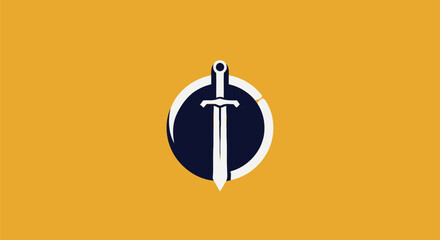 A centered sword within a circle on a yellow-gold background