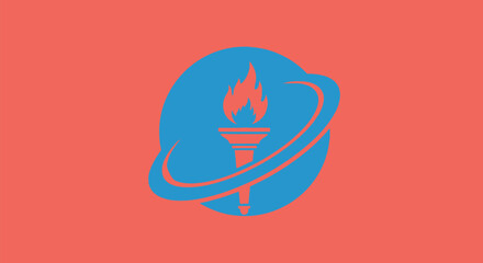 A blue torch with flames inside an oval and ring on a coral backdrop