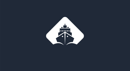 A stylized white ship icon inside a diamond shape against a navy blue background © gudangPIXEL