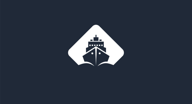 A stylized white ship icon inside a diamond shape against a navy blue background