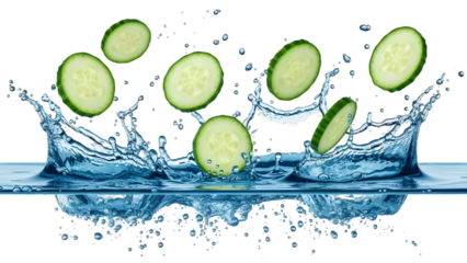 Fresh cucumber slices falling into water with big splash, healthy refreshing food concept