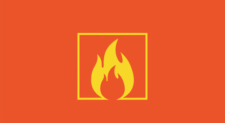 An orange background with a yellow square framing a yellow flame illustration