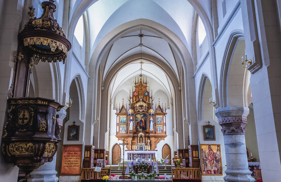 Nave of Church of St Stanislaus in Chortkiv located in Ternopil province, Ukraine