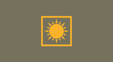 A golden sun with rays inside a square frame on a muted green-brown background