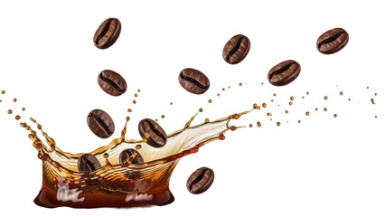 Coffee beans splashing in liquid isolated PNG, aromatic roasted seeds with brown beverage on transparent background for cafe and product design