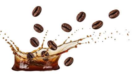 Coffee beans splashing in liquid isolated PNG, aromatic roasted seeds with brown beverage on transparent background for cafe and product design