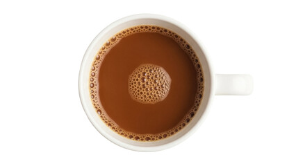 Top view of frothy brown coffee in a white mug isolated PNG, delicious hot beverage for breakfast or break on transparent background