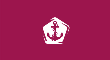 A maroon background with a white anchor emblem in a five-sided frame