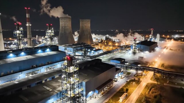 Nighttime industrial complex with cooling towers, smokestacks, steam plumes, lit roads, distant city