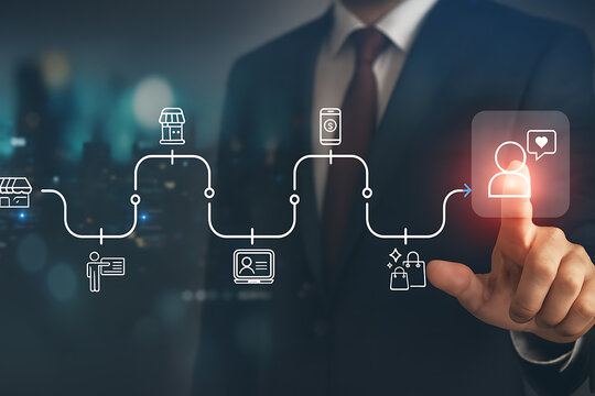Customer experience map showing user path from local store interaction to digital purchase and final brand loyalty with social media engagement and hearts