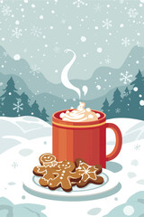 Vector illustration template featuring a festive Thanksgiving and Christmas background with snowflakes gently falling, a steaming mug of hot chocolate 
