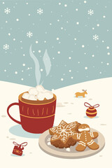 Vector illustration template featuring a festive Thanksgiving and Christmas background with snowflakes gently falling, a steaming mug of hot chocolate 