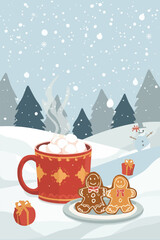 Vector illustration template featuring a festive Thanksgiving and Christmas background with snowflakes gently falling, a steaming mug of hot chocolate 