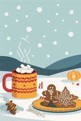 Vector illustration template featuring a festive Thanksgiving and Christmas background with snowflakes gently falling, a steaming mug of hot chocolate 