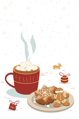  illustration template featuring a festive Thanksgiving and Christmas background with snowflakes gently falling, a steaming mug of hot chocolate  with png Transparent 