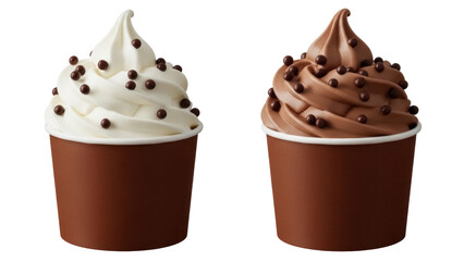 Two cups of soft serve ice cream with chocolate sprinkles isolated PNG, vanilla and chocolate flavors on transparent background