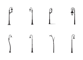 Set of 8 Vintage and Modern Street Lamp Post Silhouettes on White Background