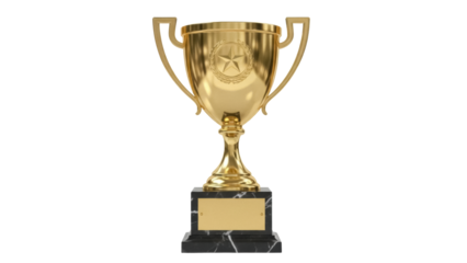 Golden trophy cup isolated PNG on transparent background, award prize for winning and achievement concept Shiny gold metal reward for competition success