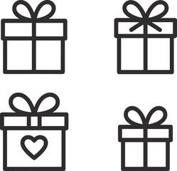 Minimalist gift box icon set, black and white present symbols, holiday celebration icons, simple outline gifts, vector illustration pack