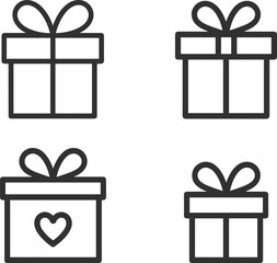 Minimalist gift box icon set, black and white present symbols, holiday celebration icons, simple outline gifts, vector illustration pack