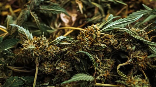 A detailed of a marijuana bud with vibrant green and orange hues, showcasing the trichomes and the resinous coating on the leaves.