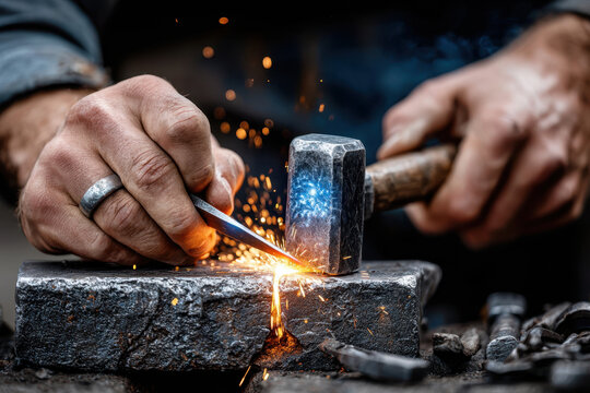 Skilled blacksmith shaping metal with hammer and chisel in workshop during daytime - Powered by Adobe