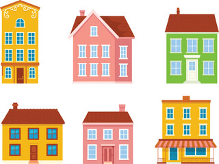 Fototapeta premium Colorful cartoon house set, cute residential buildings, whimsical homes illustration, bright neighborhood houses, playful architecture clipart for design projects