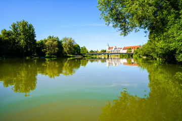 View of the Danube and the surrounding landscape near Lauingen. Nature along the river in the district of Dillingen an der Donau.
