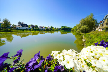 View of the Danube and the surrounding landscape near Lauingen. Nature along the river in the district of Dillingen an der Donau.
