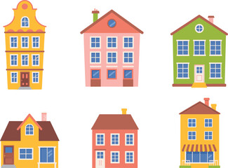 Fototapeta premium Minimalist pastel house set, modern home illustrations, simple residential buildings, soft color architecture, suburban homes clipart, clean flat design houses