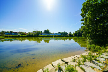 View of the Danube and the surrounding landscape near Lauingen. Nature along the river in the district of Dillingen an der Donau.
