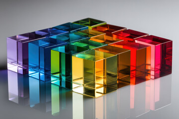 Colorful translucent blocks arranged in a geometric pattern on a reflective surface