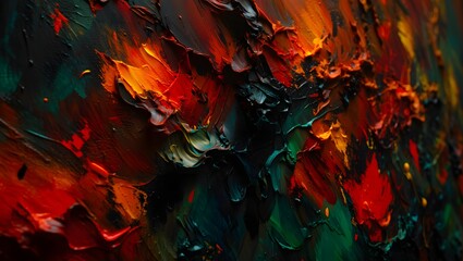 A close-up view of a vibrant abstract oil painting with fiery red and orange colors