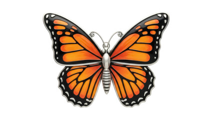 Monarch butterfly isolated PNG on transparent background, orange and black wings with silver body for design elements