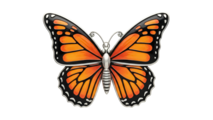 Monarch butterfly isolated PNG on transparent background, orange and black wings with silver body for design elements