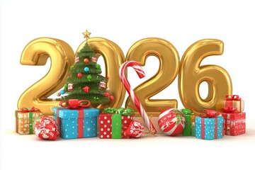 Obraz premium Golden 2026 New Year Celebration with Christmas Gifts