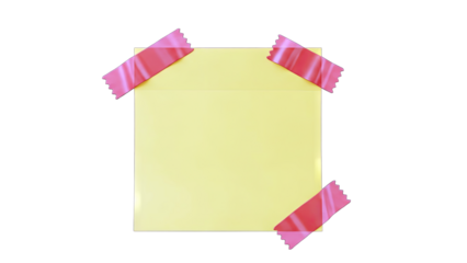 Yellow Sticky Note Held by Pink Tape on White Background