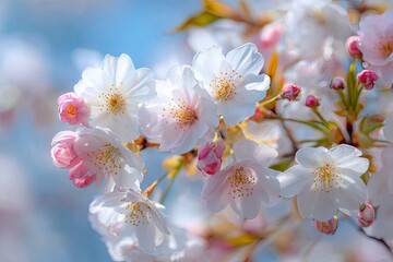 Fototapeta premium Close-up of delicate cherry blossoms in full bloom, showcasing their soft pink and white petals