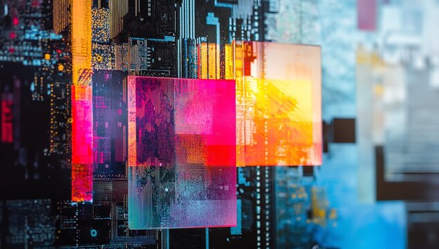 Abstract digital circuit board background with vibrant neon squares representing complex data processing and futuristic technology concepts - Powered by Adobe