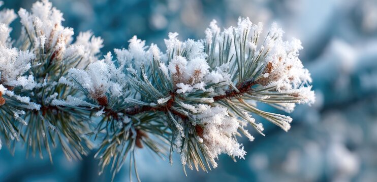 Close-up of frost-covered evergreen branch. Winter scene with details of ice crystals and needles - Powered by Adobe