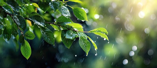 Close-up of green leaves with water droplets and blurred rain, natural background with sunlight