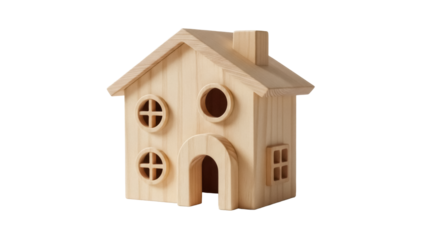 Wooden toy house isolated PNG, unfinished wood miniature home with chimney and windows for kids crafts and decoration