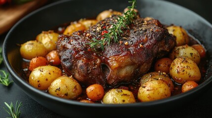 Fototapeta premium Braised lamb shank with potatoes, garnished with herbs, on a dark rustic background