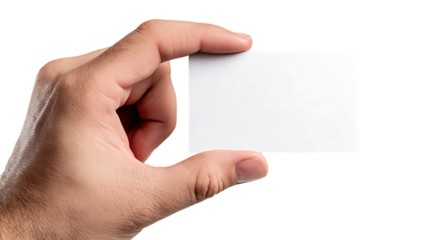 Hand holding blank white business card mockup between fingers on transparent background