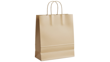 Beige paper shopping bag isolated PNG, blank gift bag for retail, sale, and promotional use on transparent background
