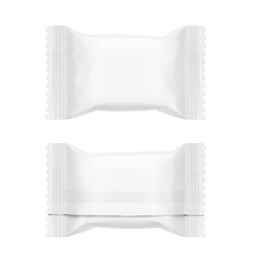 Realistic flow pack for candy mockup. Front and back view. Vector illustration on white background. Easy to use for presentation your product, idea, design. EPS10.