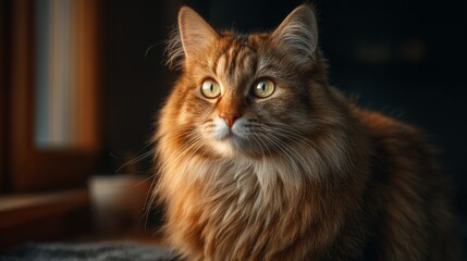 Obraz premium A charming cat with mesmerizing gaze is sitting and looks to somewhere, illuminated by a warm light. The cat boasts luxurious fur and captivating green eyes. 