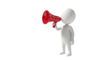 3D stick figure shouting into a red megaphone isolated PNG, public announcement and communication concept on transparent background