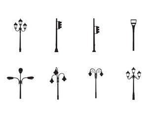 Set of Street Lamppost and Traffic Light Silhouettes. Urban Lighting Icons.